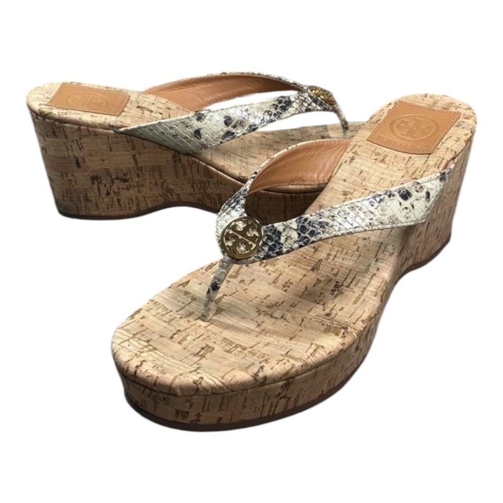 Tory Burch Suzy Cork‎ Snake Print Thong Wedge Heel Sandals Women's 9.5